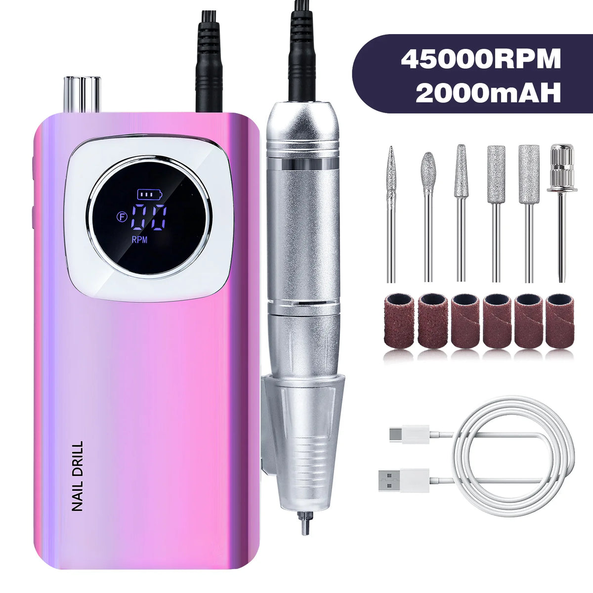Professional Nail Drill Portable Rechargeable 45000RPM High Speed Electric Nail Polish