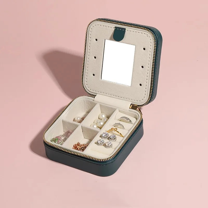 Women'S PU Leather Small Travel Jewelry Box Square Ring Organizer with Mirror