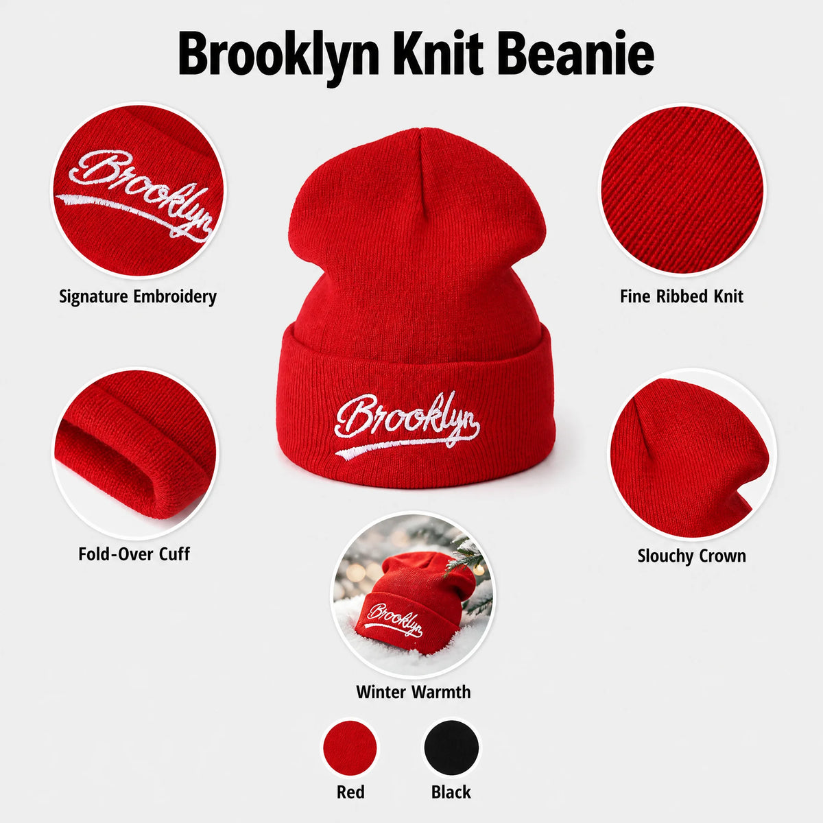 Custom Knit Beanie with Brooklyn Embroidery Cuffed Slouchy Ribbed Winter Hat Unisex Warm