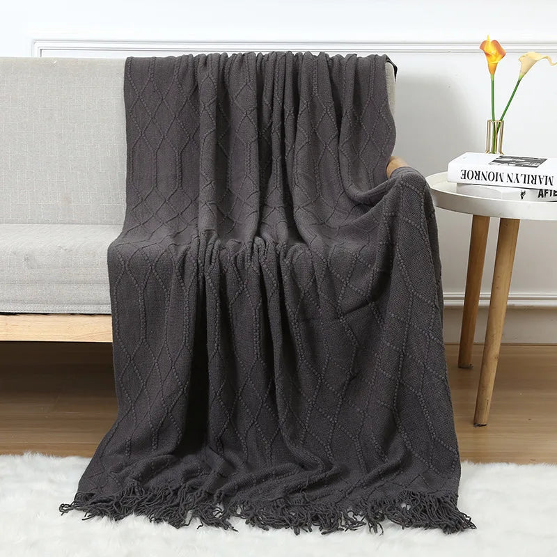 Chunky Knitted Blanket Sofa Throw Blanket With Tassels Weighted Blanket for Winter