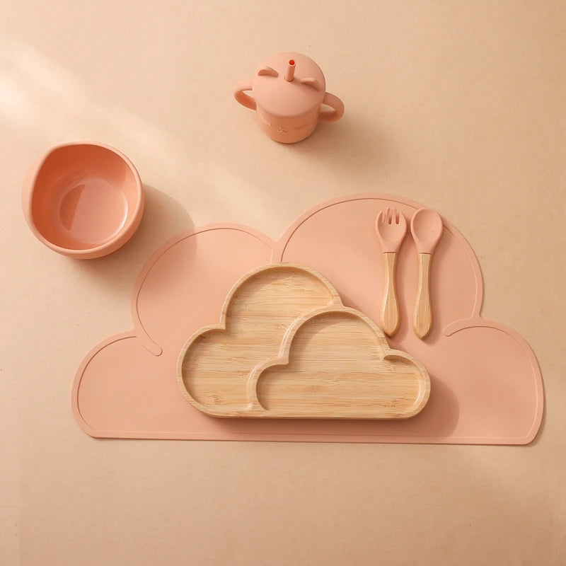 PGJ1201 Cartoon Design Silicone Baby Tableware Set Includes Plate Bowl Spoon Fork Sippy
