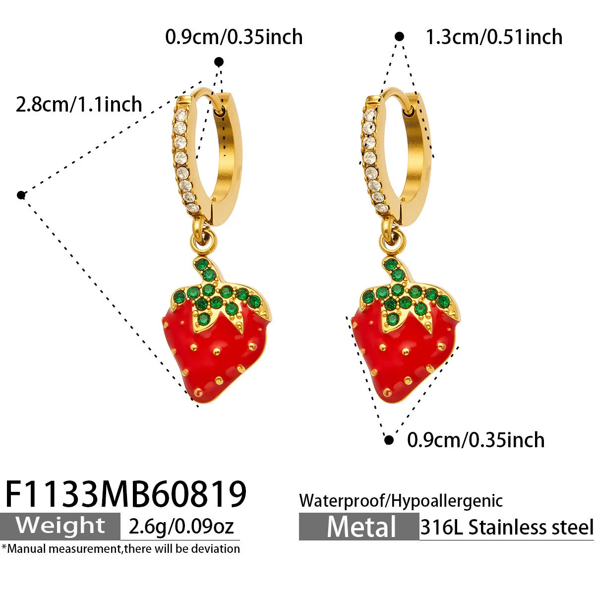 Playful Strawberry Enamel Huggie Earrings 316 Stainless Steel PVD 18K Gold Plated Non
