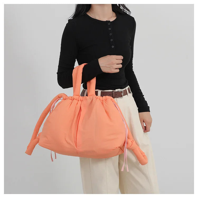 Waterproof Nylon Tote Bag Padded Handles Pillow Shape Foldable Shoulder Carry Handbag