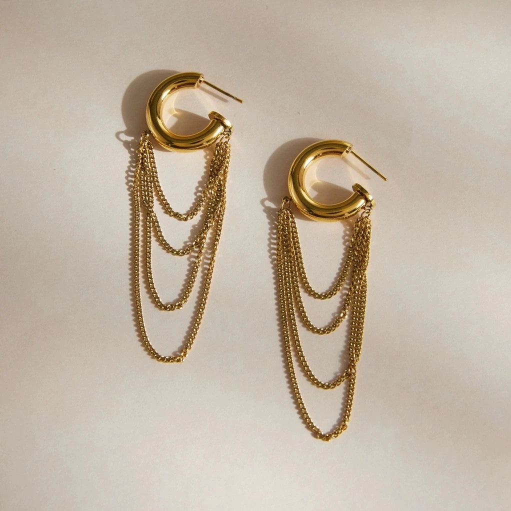 Minimalist 18k Gold Plated Stainless Steel Chain Tassel Huggie Hoops Stud Earrings