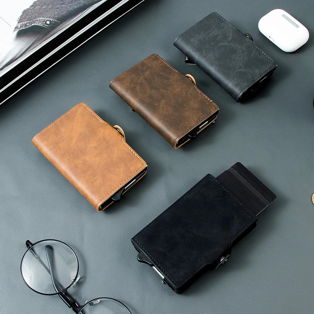 Aluminum Pop Up Card Holder Men PU Leather Minimalist Wallet with Zipper Pocket Credit