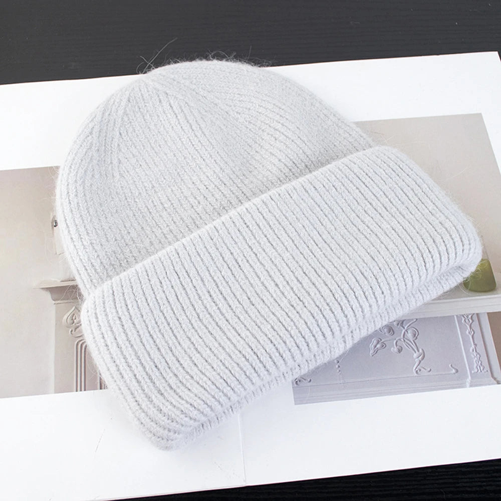 Knit Beanie Hat Real Angora Rabbit Fur Slouchy Skull Cap Winter Warm Stocking Hats