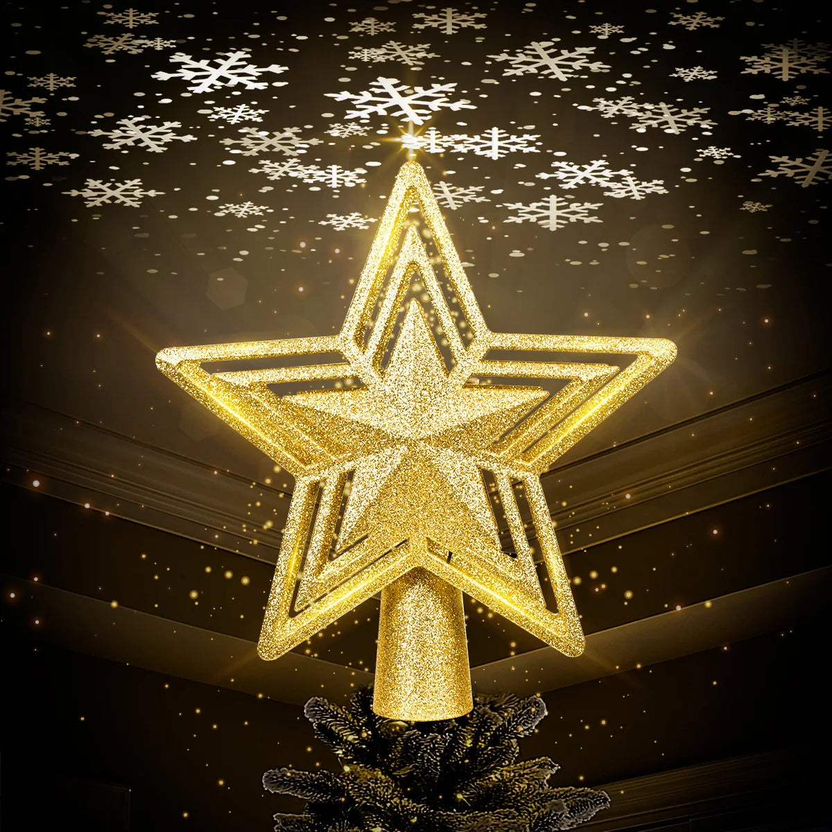 Christmas Tree Topper Star Light Projector Glitter Golden Star Tree Topper with Snowflake