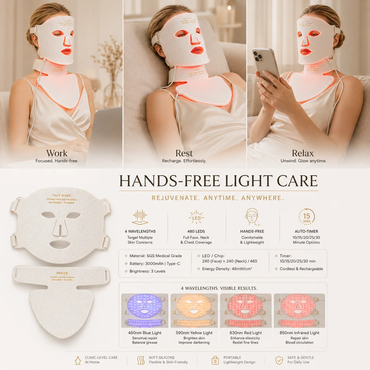 Silicone LED Face Mask with 4 Light Colors, 630nm Red and 850nm Infrared