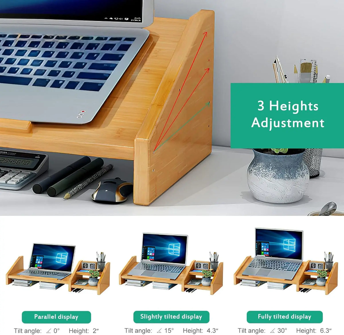 Bamboo Laptop Stand Desk 3-Height Adjustable Notebook Computer Monitor Riser 2-Tier