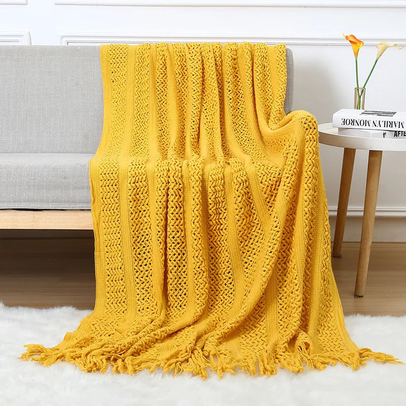 Chunky Knitted Blanket Sofa Throw Blanket With Tassels Weighted Blanket for Winter