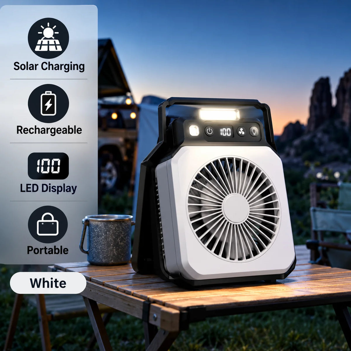 MoonlitGlow Custom Solar Rechargeable Camping Fan LED Light 3-Speed Control Dual-Core