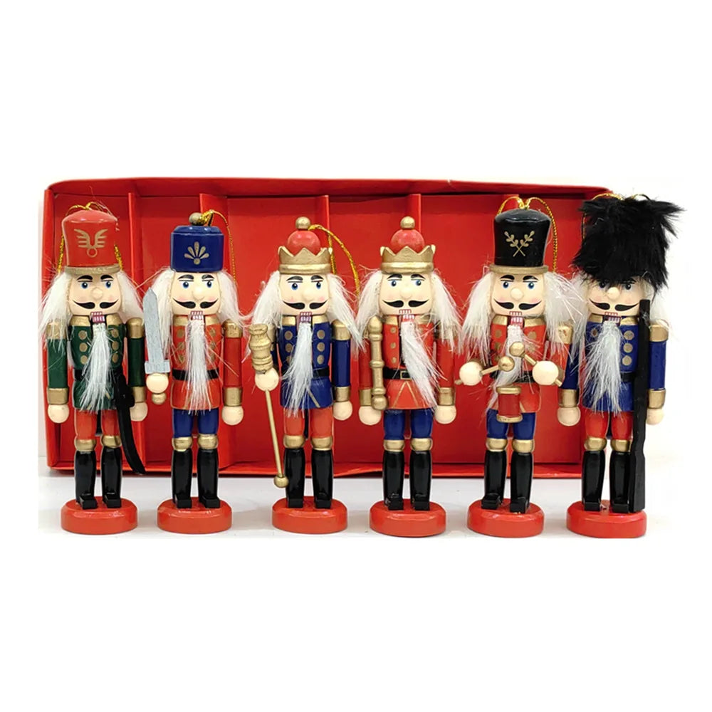 6pcs/Set 12cm Wooden Soldiers Christmas Nutcracker Ornaments Set Hanging Christmas Tree