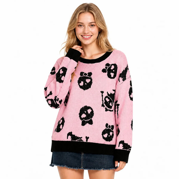 Spooky Women Pink Skull Halloween Sweater Pullover Knit Autumn Winter Crew Neck Long