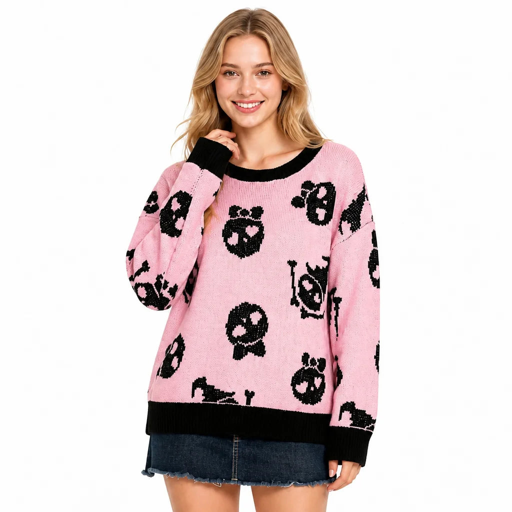 Spooky Women Pink Skull Halloween Sweater Pullover Knit Autumn Winter Crew Neck Long