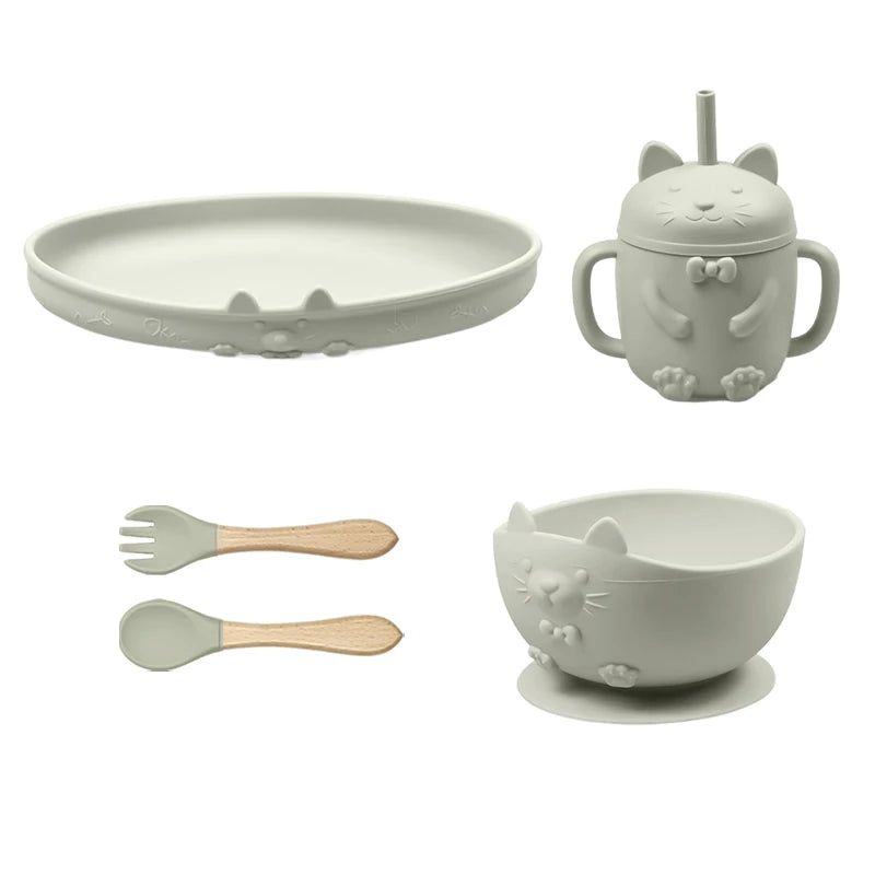 Food Grade Silicone Baby Feeding Set With Cup Bowl Plate Bib Spoon and Fork Easy Clean