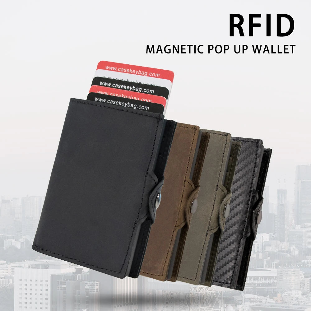 Multifunction Slim Minimalist Genuine Leather Anti-Theft Pop Up Wallet RFID Blocking