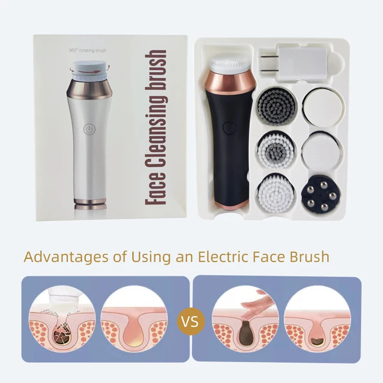 Electric USB Multi Function Face Device 7 Cleaning Heads Silicone Sponge Metal Roller