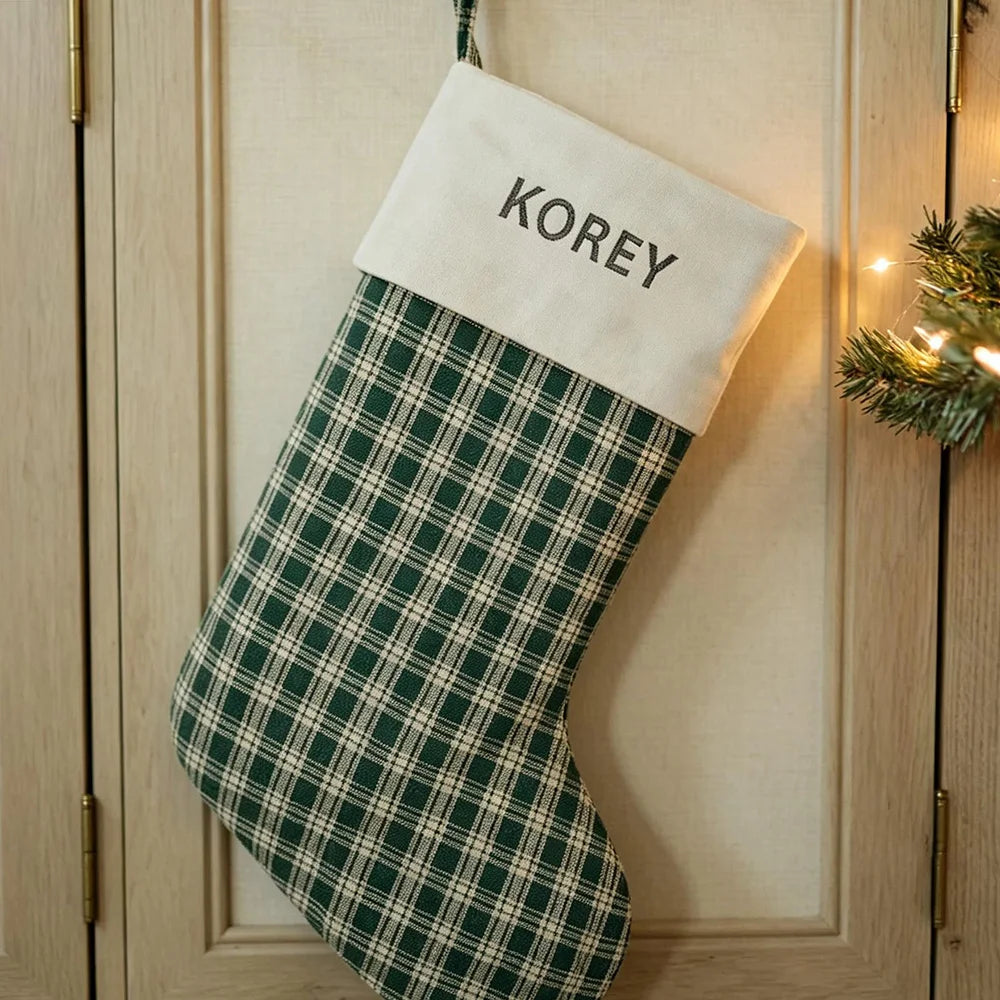 Custom Gingham Cotton Christmas Stocking With Personalized Name Embroidery for Family
