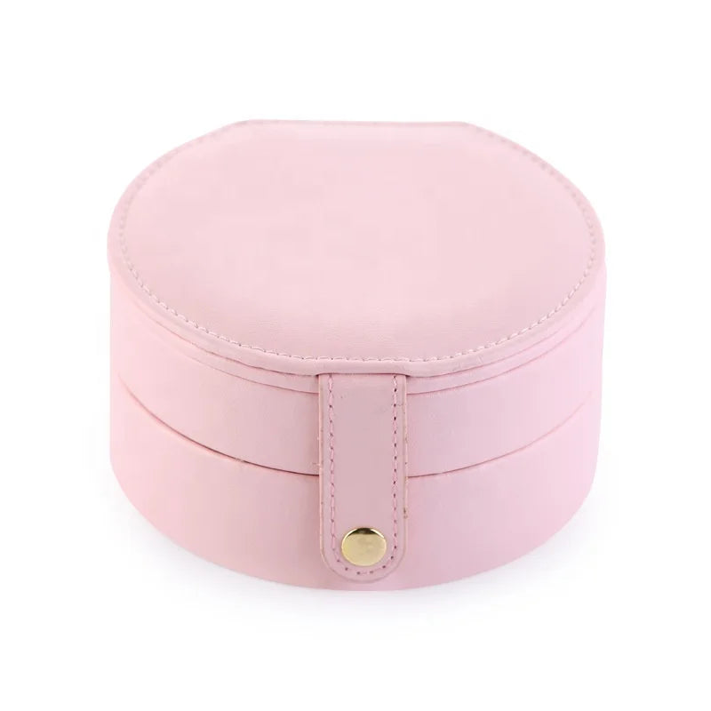 Pu Leather Portable Round Jewelry Box Small Travel Jewellery Organizer Necklace Box Ring
