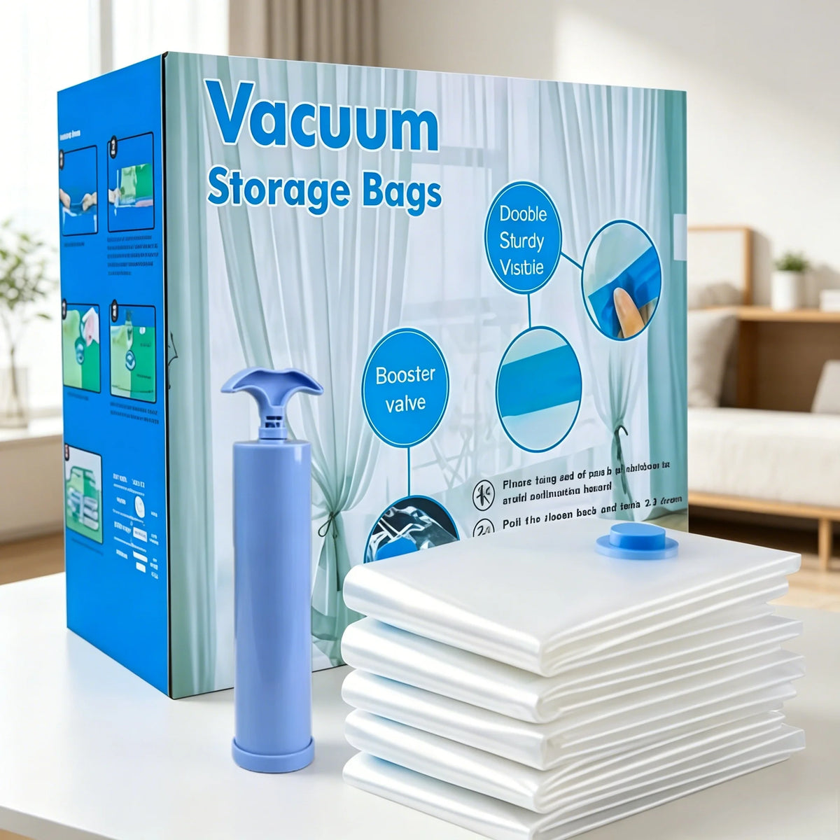 Q-12pcs Portable Vacuum Storage Bag With Pump for Bedding Clothes Stock Space Saver (Pack of 2)