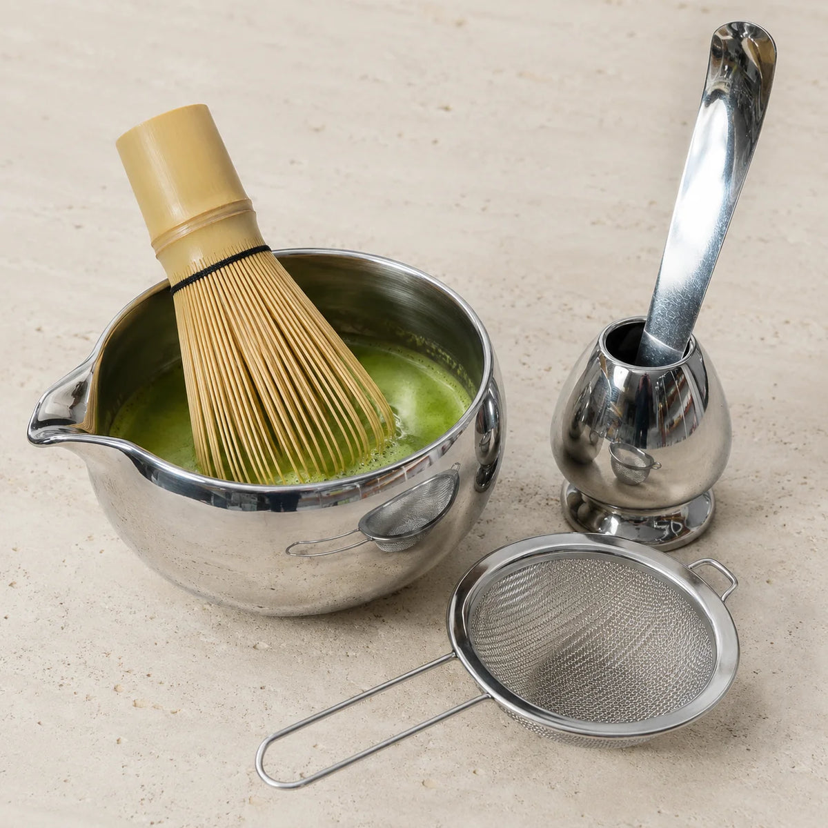 Silver Ceramic Matcha Bowl With Spout 4/5/6 Pcs Matcha Kit With Sifter Matcha Whisk