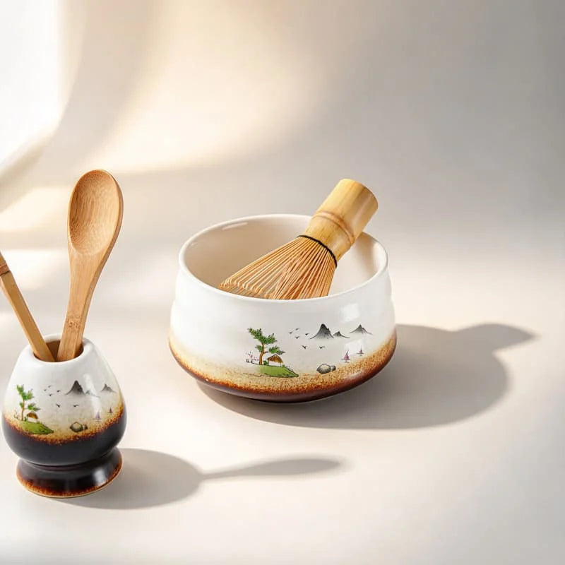 Price Custom Print Artistic Landscape Ceramic Matcha Bowl Bamboo Whisk Gift Set