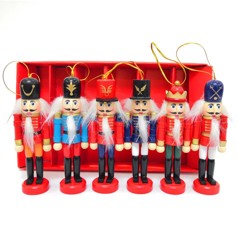 6pcs/Set 12cm Wooden Soldiers Christmas Nutcracker Ornaments Set Hanging Christmas Tree