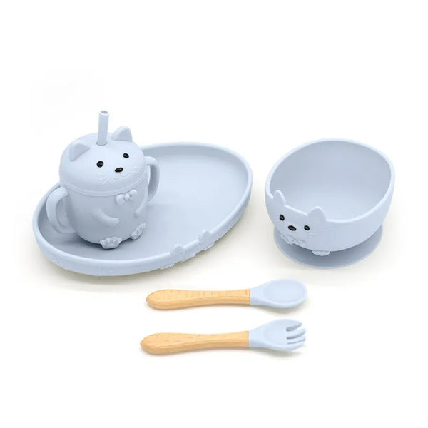 Food Grade Silicone Baby Feeding Set With Cup Bowl Plate Bib Spoon and Fork Easy Clean