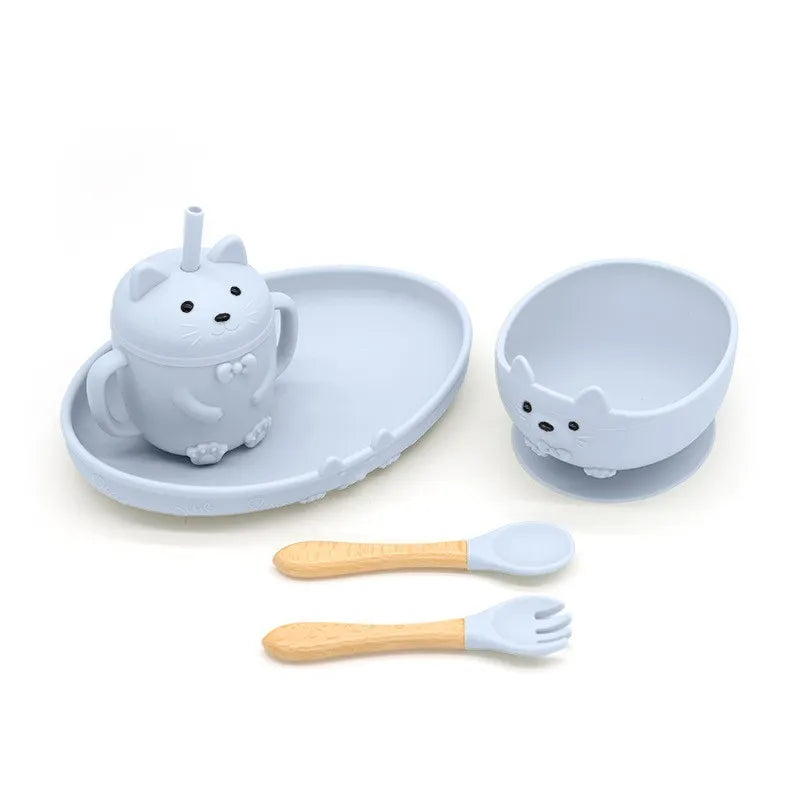 Food Grade Silicone Baby Feeding Set With Cup Bowl Plate Bib Spoon and Fork Easy Clean
