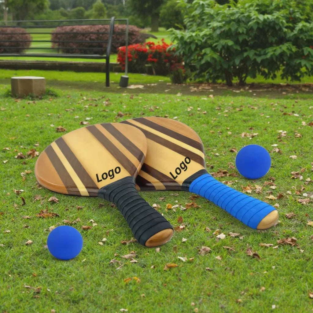 Handcrafted 2-Piece Paddle Set for Pickleball Game Natural Wood Beach Paddles 2 Balls