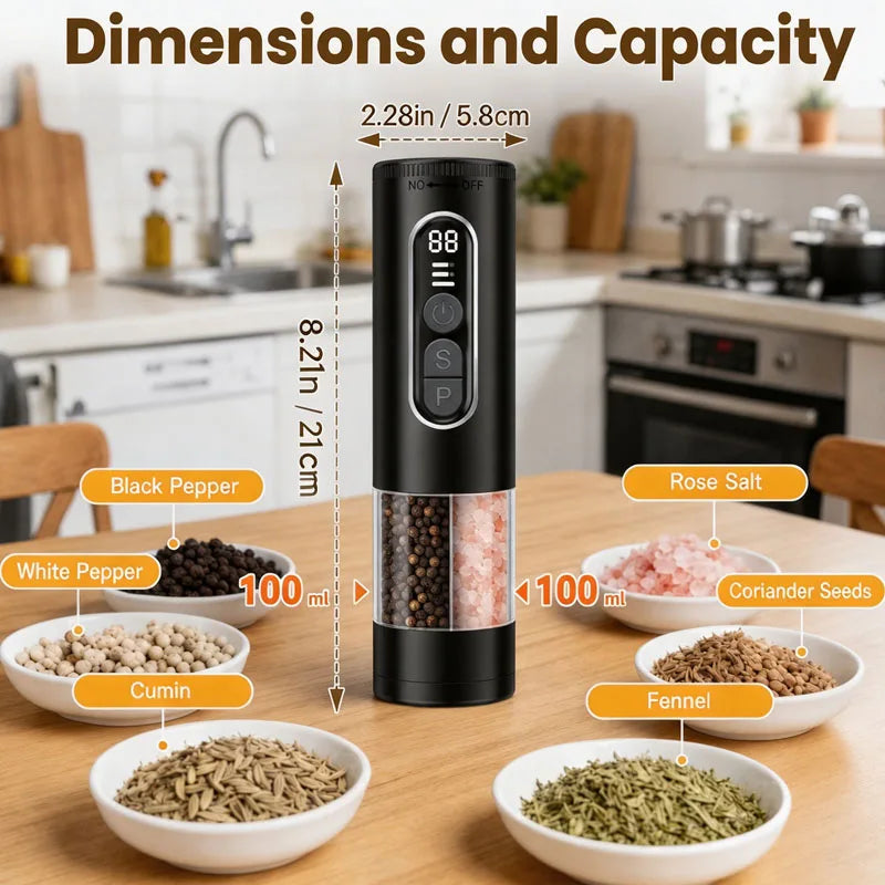 2 in 1 Rechargeable USB Electric Spices Grinder Automatic Salt and Pepper Grinder Ceramic