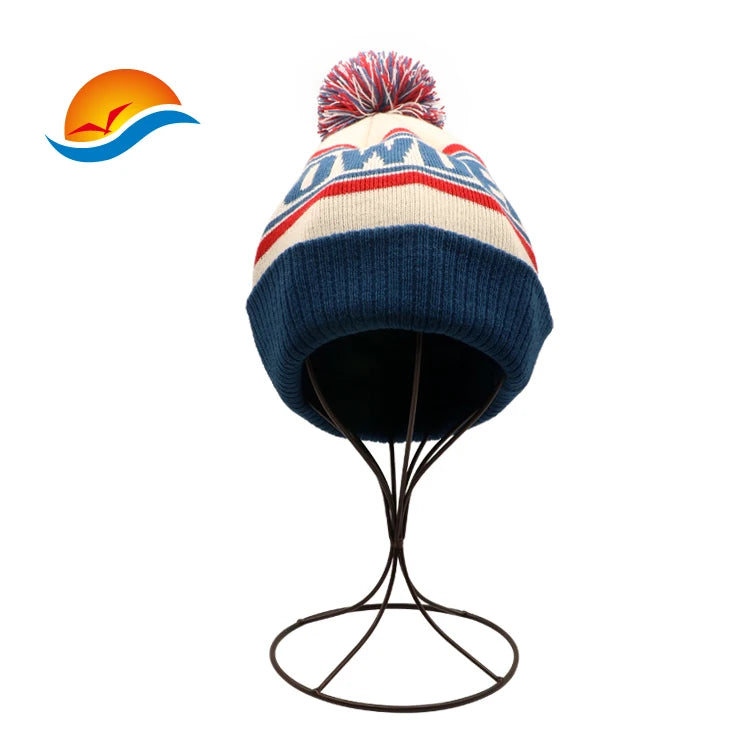 Custom Embroidered Jacquard Knitted Beanie Hat With Pom Pom Knitted Winter Hats