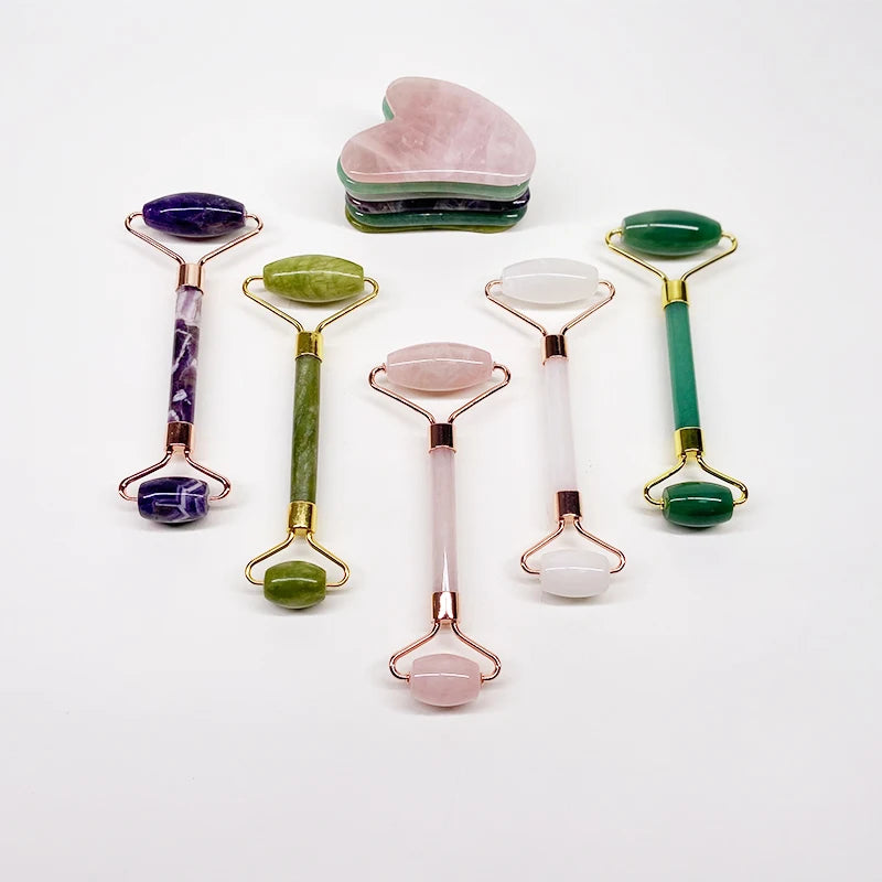 Natural Pink Crystal Rose Quartz Jade Roller Guasha for Face Brush and Jade Roller Guasha