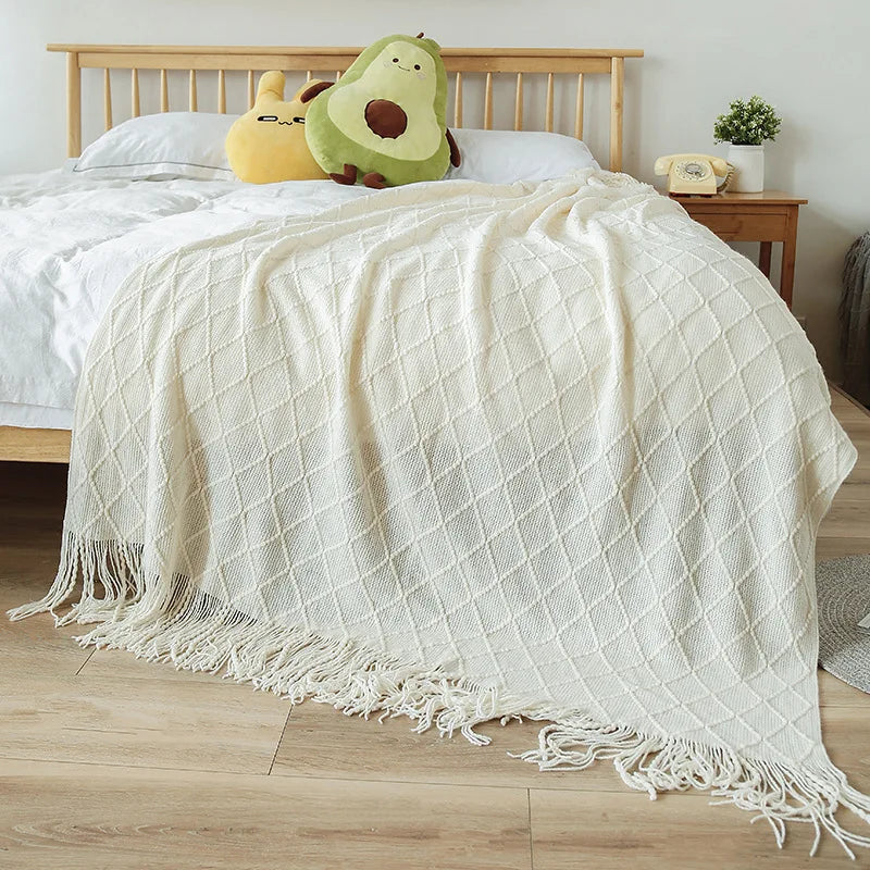 Chunky Knitted Blanket Sofa Throw Blanket With Tassels Weighted Blanket for Winter