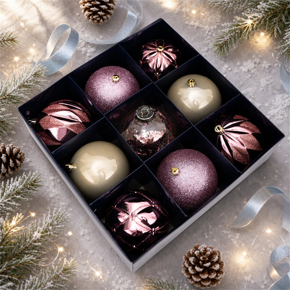 High-Quality 9-Piece Christmas Ball Set with Embossed Diamond Pattern Colored Balls