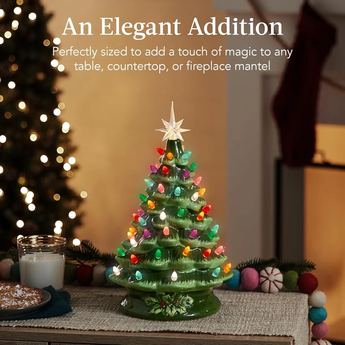 15 Inch Pre Lit Ceramic Pine Christmas Tree 64 Multicolor Lights Star Topper Hand Painted