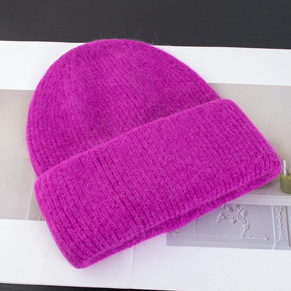 Knit Beanie Hat Real Angora Rabbit Fur Slouchy Skull Cap Winter Warm Stocking Hats