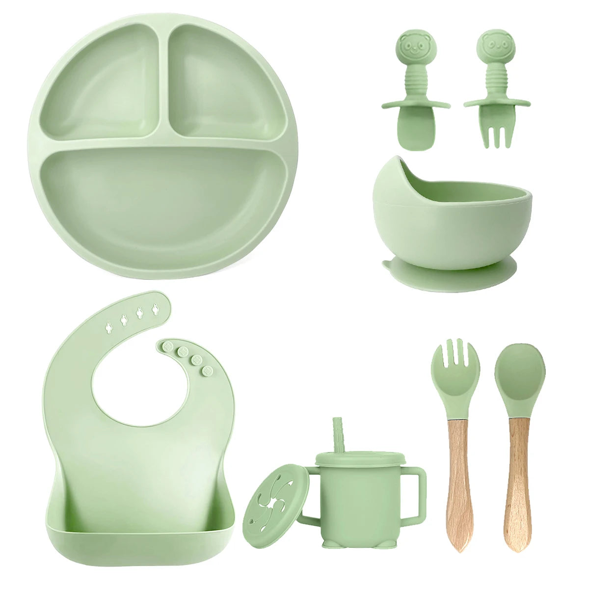 10 Soft Silicone Baby Feeding Equipment Set Spoon Fork Printed Pattern Comfortable