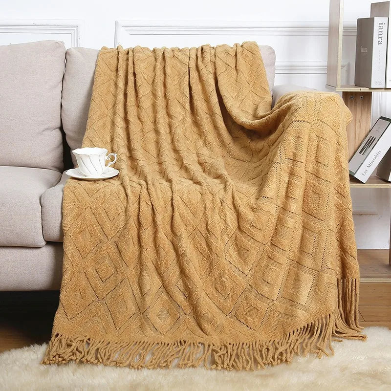Chunky Knitted Blanket Sofa Throw Blanket With Tassels Weighted Blanket for Winter