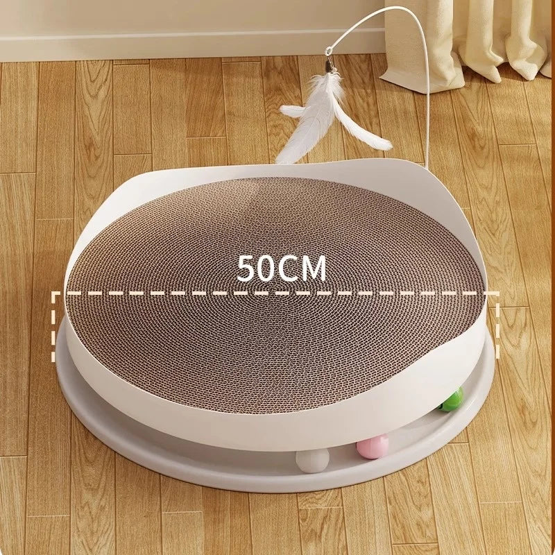 Interactive Cat Scratching Board Oval Cardboard Scratcher With Feather Wand Turntable Toy