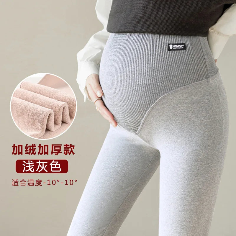 Autumn Winter Maternity Pants Fleece-Lined Breathable Thickened Outerwear Leggings Ribbed