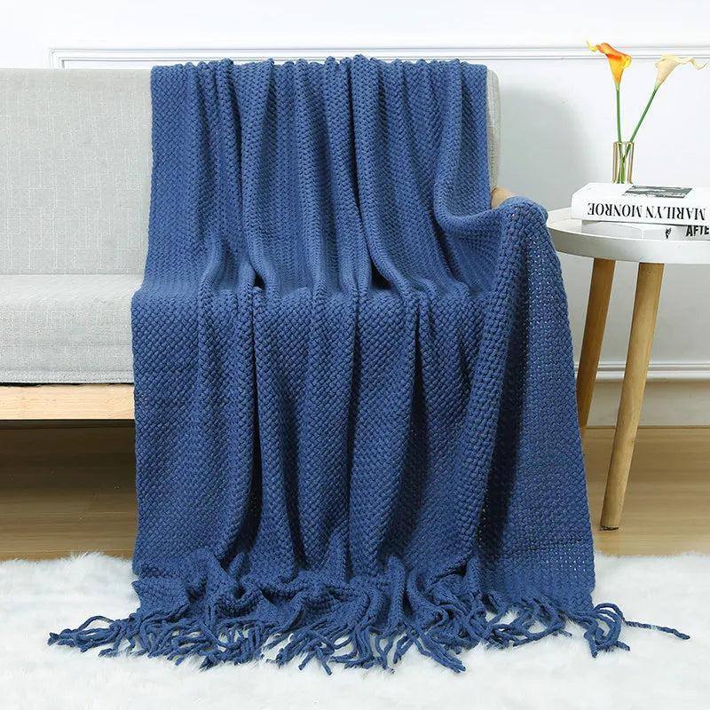 Chunky Knitted Blanket Sofa Throw Blanket With Tassels Weighted Blanket for Winter