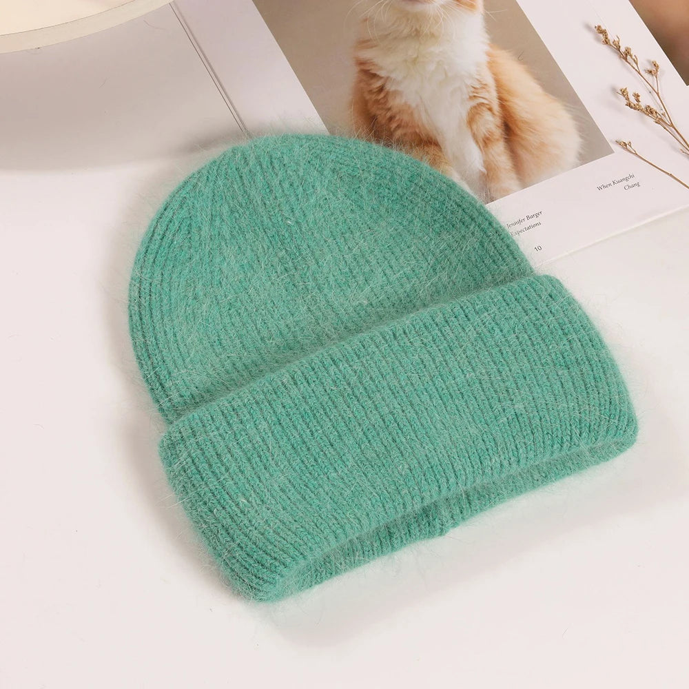 Knit Beanie Hat Real Angora Rabbit Fur Slouchy Skull Cap Winter Warm Stocking Hats