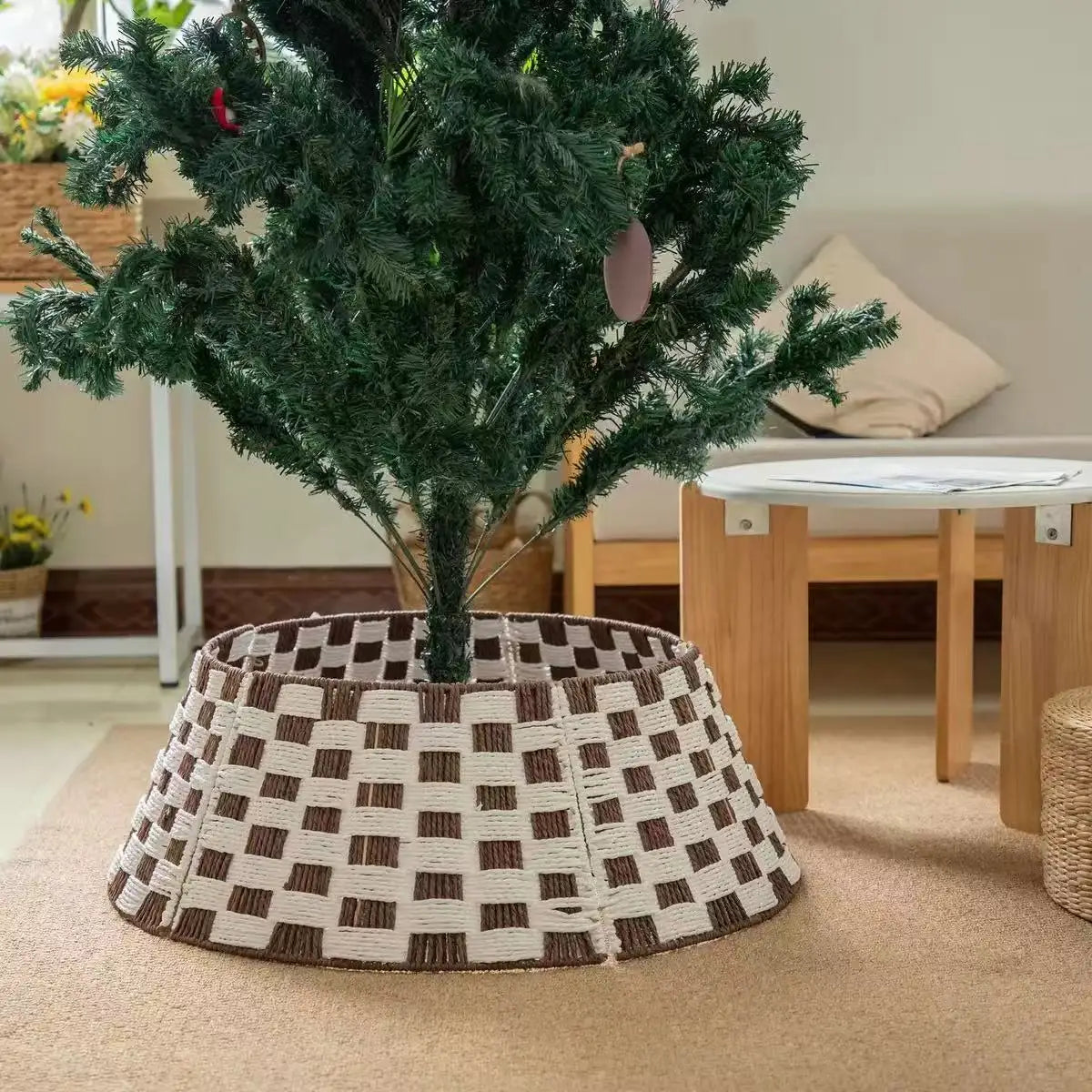 Handwoven Rattan Christmas Tree Collar Woven Tree Skirt Base Cover for Christmas Decor
