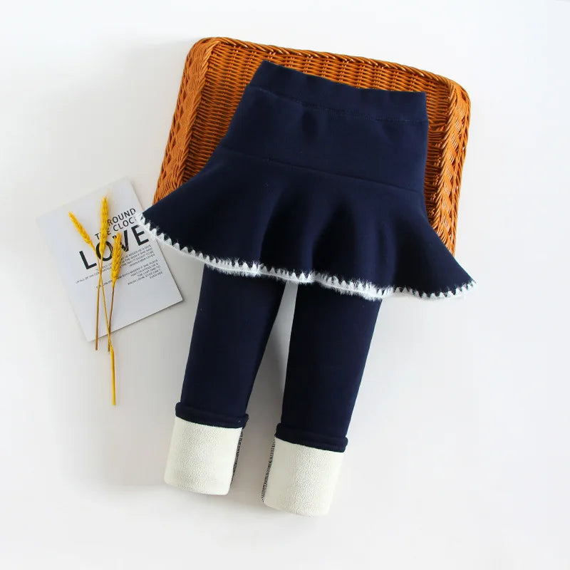 Children Designer Clothes Girls' Fleece-Lined Skort Leggings 2-in-1 Winter Pants for Kids