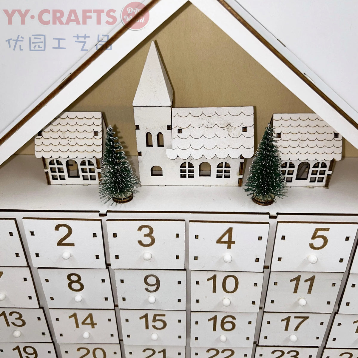 24 Day House Shaped Wooden Advent Calendar with 24 Drawer Box, Christmas Tree and LED