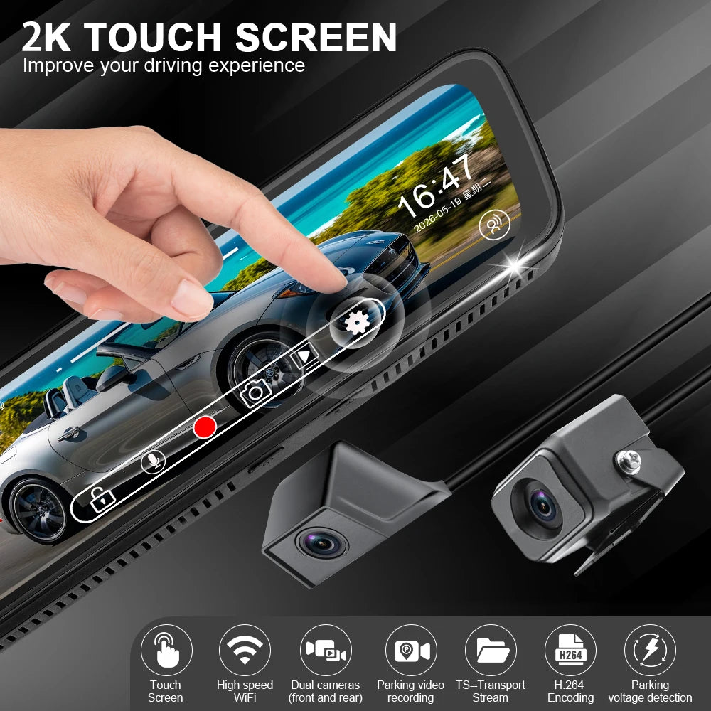 Rear View Car Mirror Dash Cam 2K, with 5G WIFI 8.66 Inch Dash Camera AI Collision Front