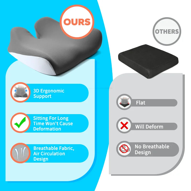 Ergonomic Memory Foam Seat Cushion with Coccyx Cut-Out for Office and Car