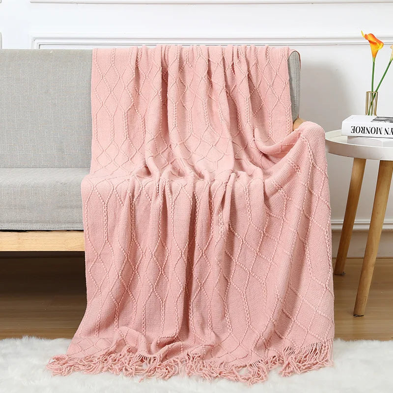 Chunky Knitted Blanket Sofa Throw Blanket With Tassels Weighted Blanket for Winter