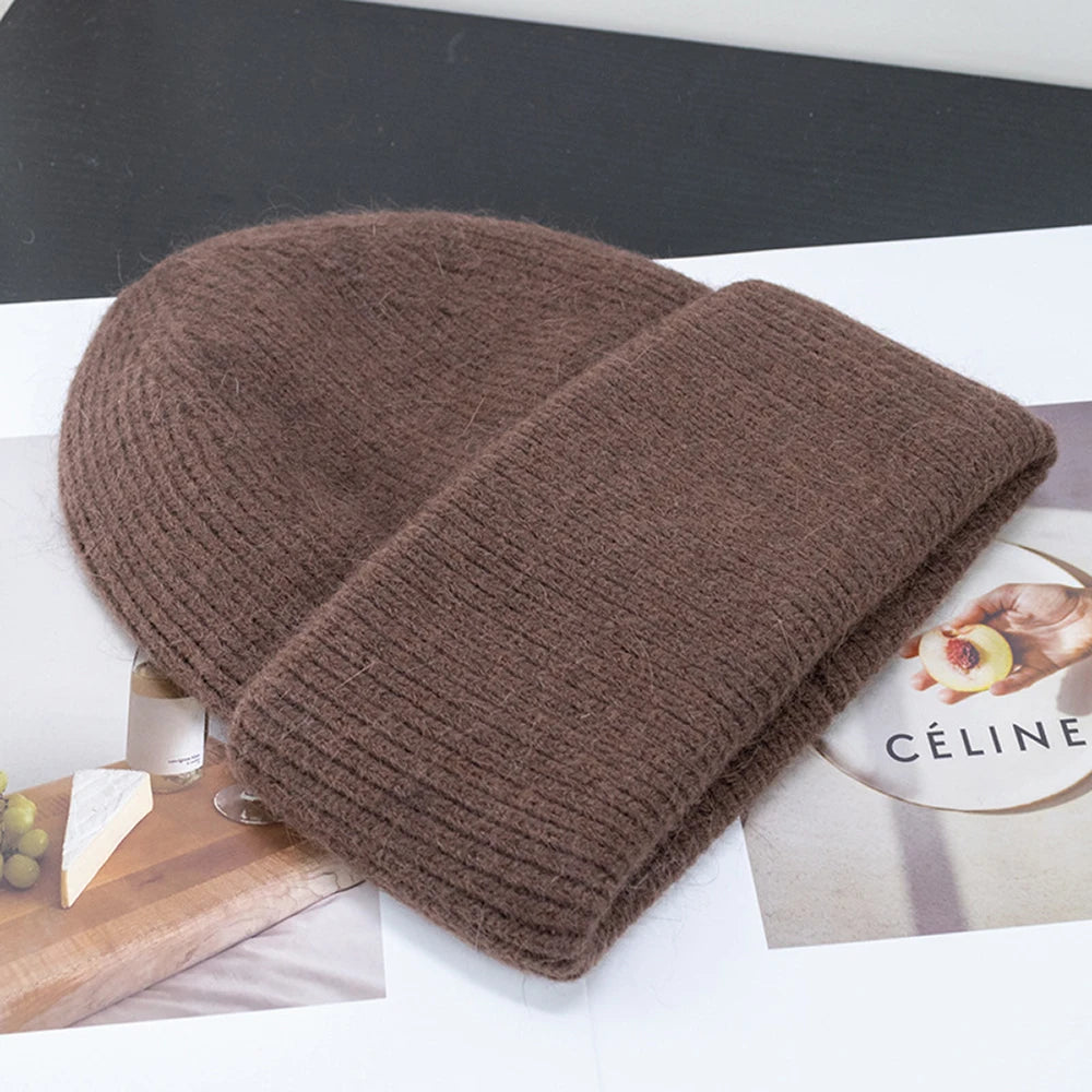 Knit Beanie Hat Real Angora Rabbit Fur Slouchy Skull Cap Winter Warm Stocking Hats